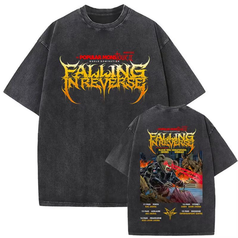 Washed Vintage Rock Band Falling In Reverse Double Sided Print Tshirts Summer Unisex Women High Quality Cotton Oversized T Shirts