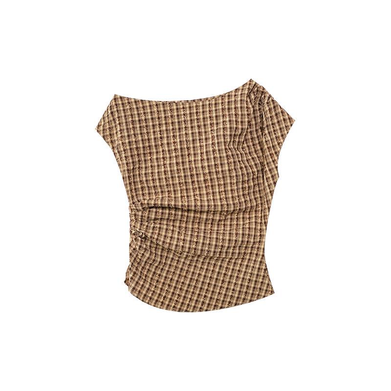 2025 Summer French Design Plaid Off-Shoulder Slim Fit Top for Women