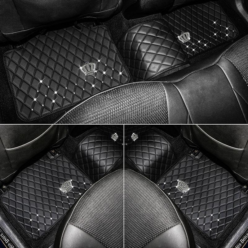 Car Floor Cover Full Set Crown Leather Diamond Auto Foot Mat Universal Interior Accessories For Women Waterproof Car Carpets