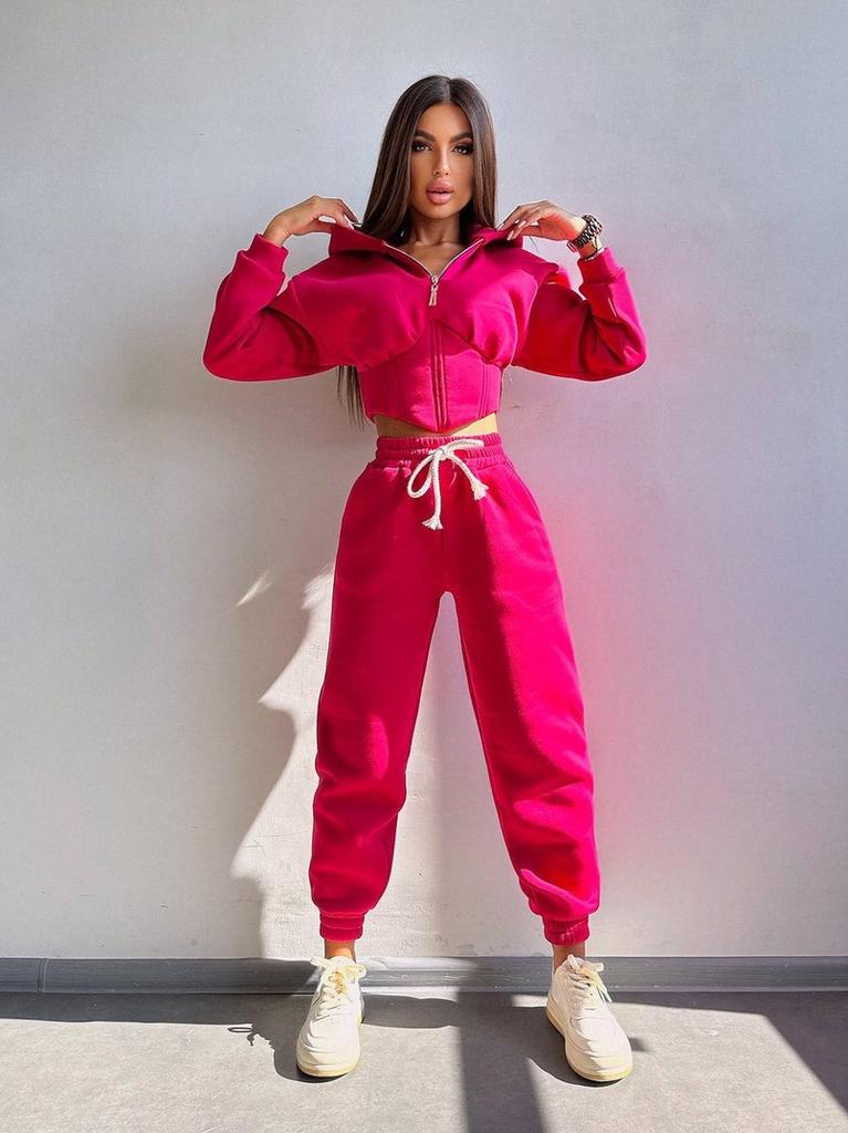 European and American fashion casual women's solid color long-sleeved waist cardigan hooded sweater strappy pants two-piece set