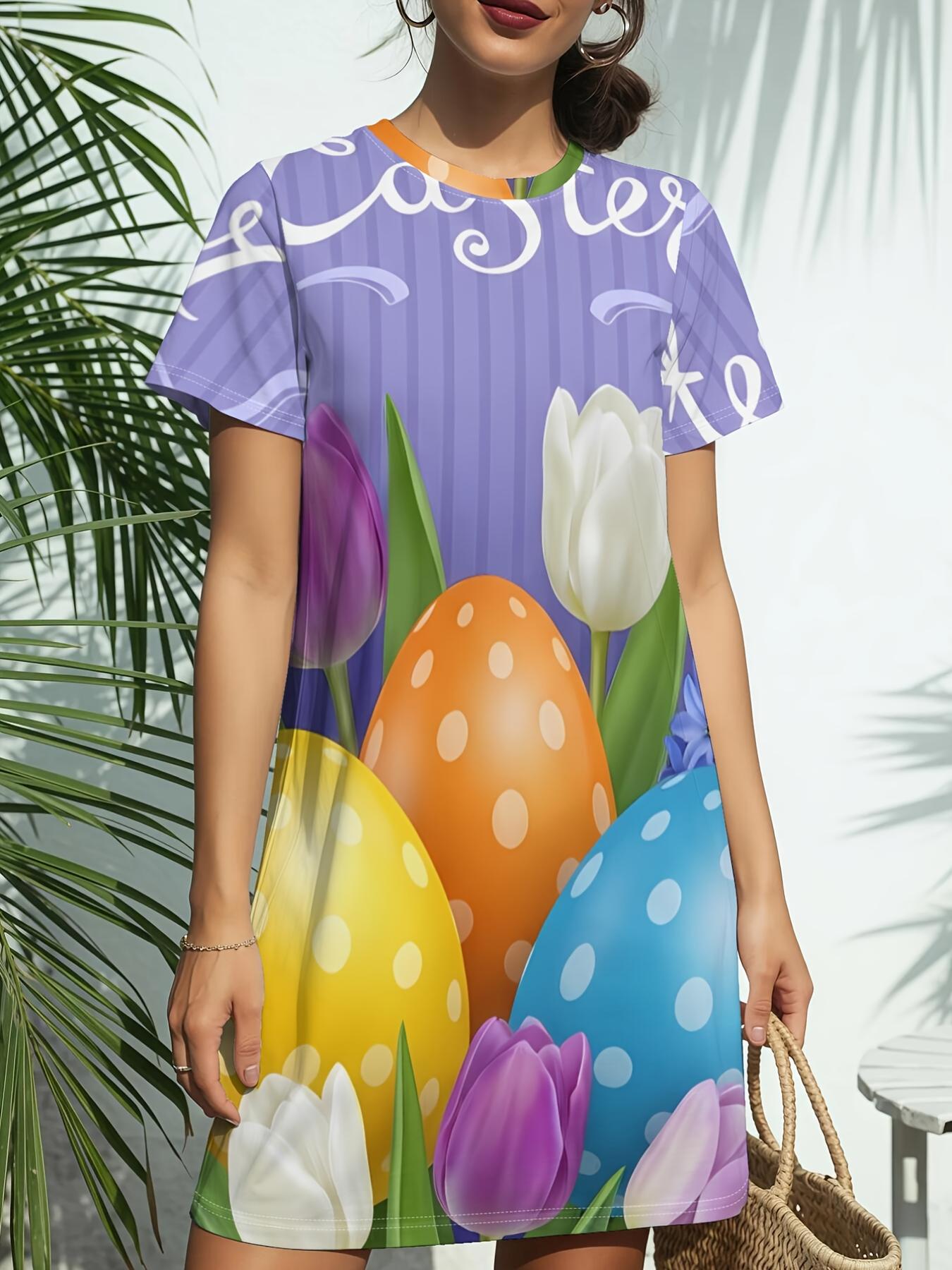 

Colorful Egg Print Women S New Round Neck Short Sleeve T-Shirt Dress. Featuring American Trendy Digital Printing. Perfect for Casual Wear in Spring An M дубильная кора