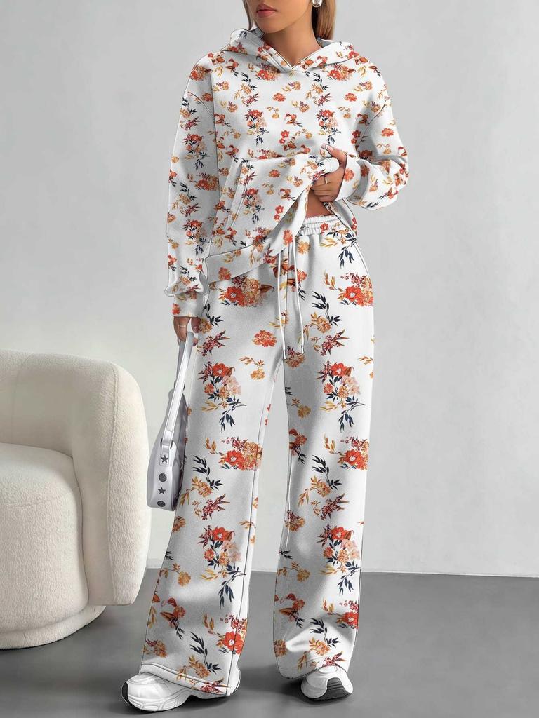 European and American Autumn and Winter Casual Long-sleeved Suit Women's Hooded Sweater Trousers Two-piece Set Retro Elements