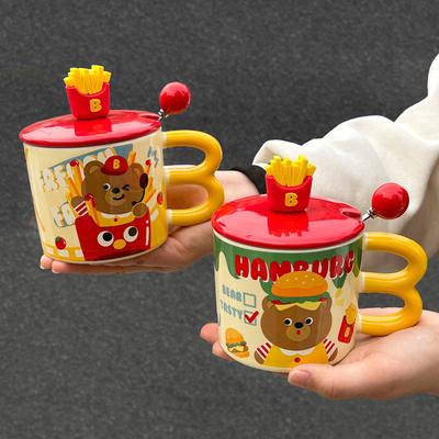 Tazza carina per patatine fritte per uomo e donna Tazza in ceramica di grande capacità con coperchio e cucchiaio Tazza da caffè o latte per ufficio