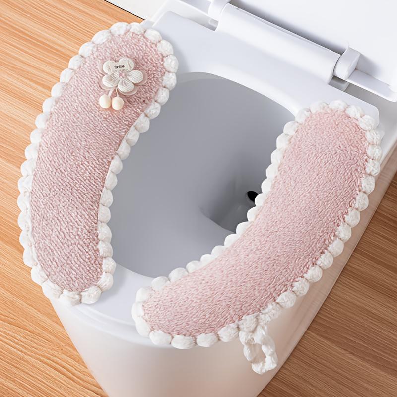 

1pair Coral Velvet Toilet Cushion, Monochrome Floral Pattern, Four-point Fixed Installation, White Trim, Portable Handle, Hand Washable, Universal