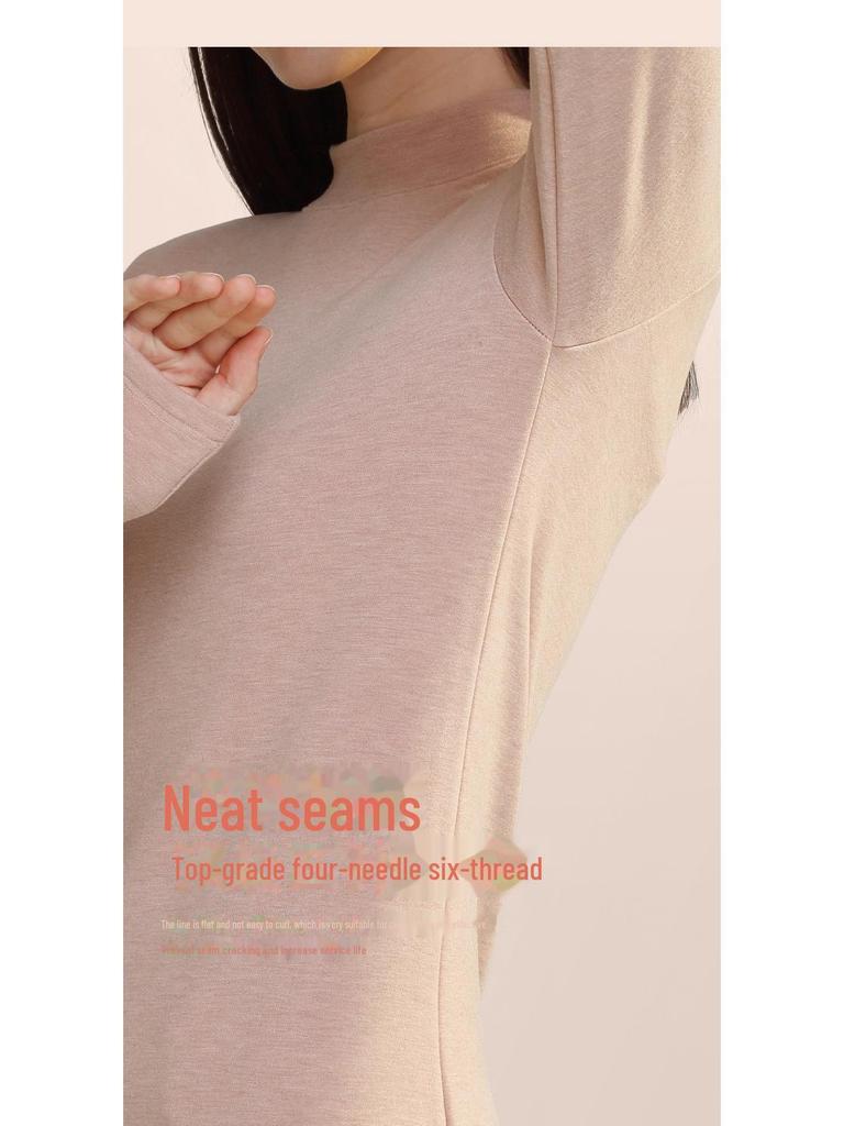 Women's Silk Wool Velvet Thermal Underwear Set - Half High Collar Top & Pants