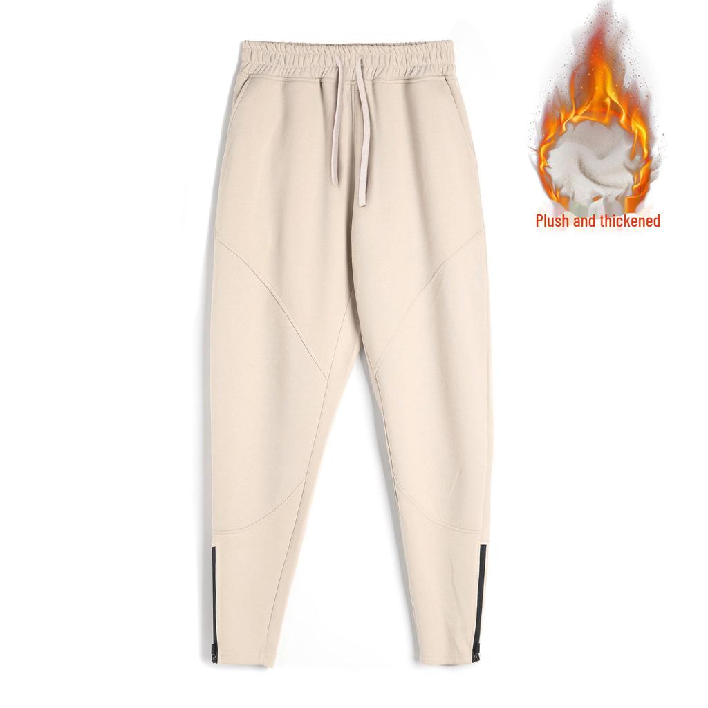 Men's Loose-Fit Plush Sweatpants: Thick, Autumn/Winter, Straight-Leg, Zippered Fitness Trousers for Running and Casual Wear.