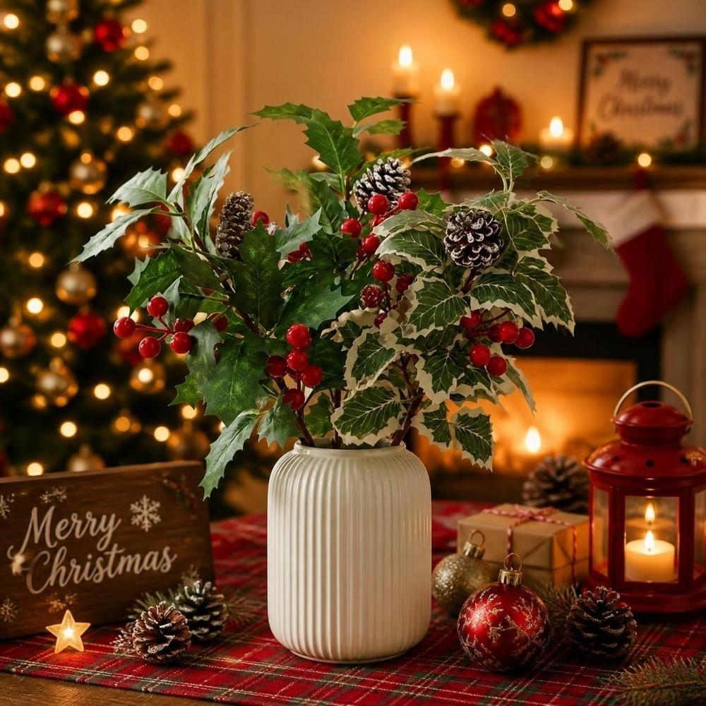 Artificial Floral Decor Christmas Pine Cone Fake Flowers DIY Home Xmas Gift Box Decor Red Christmas Berry Christmas Decorations