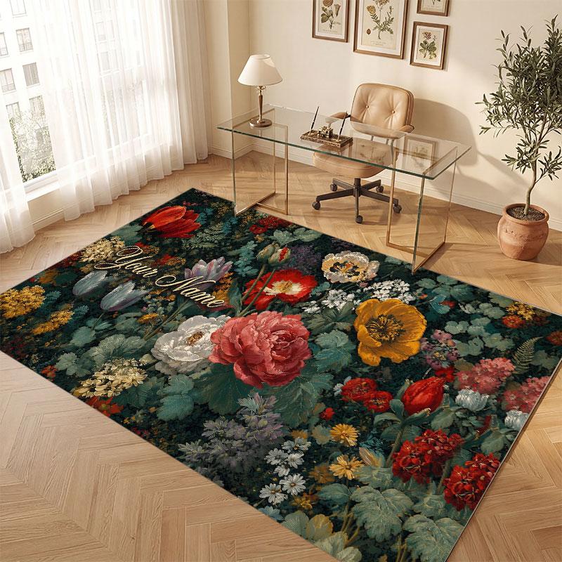Floral Garden Theme Crystal Velvet Floor Rug Personalized Custom Name Text Warm Carpet Home Decoration
