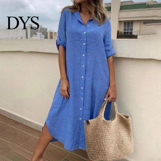 Buttoned Women Dress Summer SIngle-breasted Half Sleeves Turn-down Collar Loose Lady Daily Solid Color Buttons Commute Wear Midi Shirt