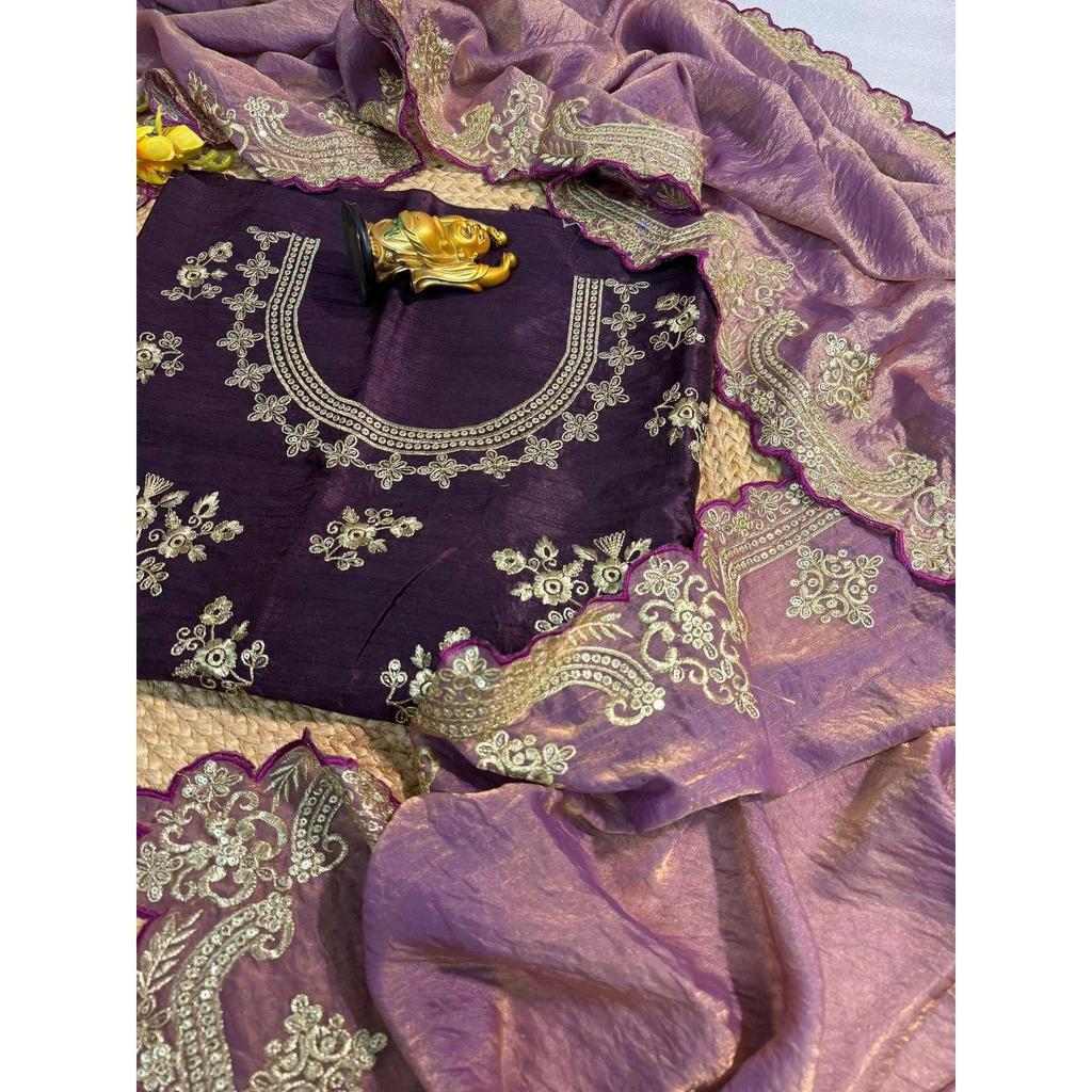 Königlicher Satin Zari Pailletten-Sari – Premium Designer Festtagsmode