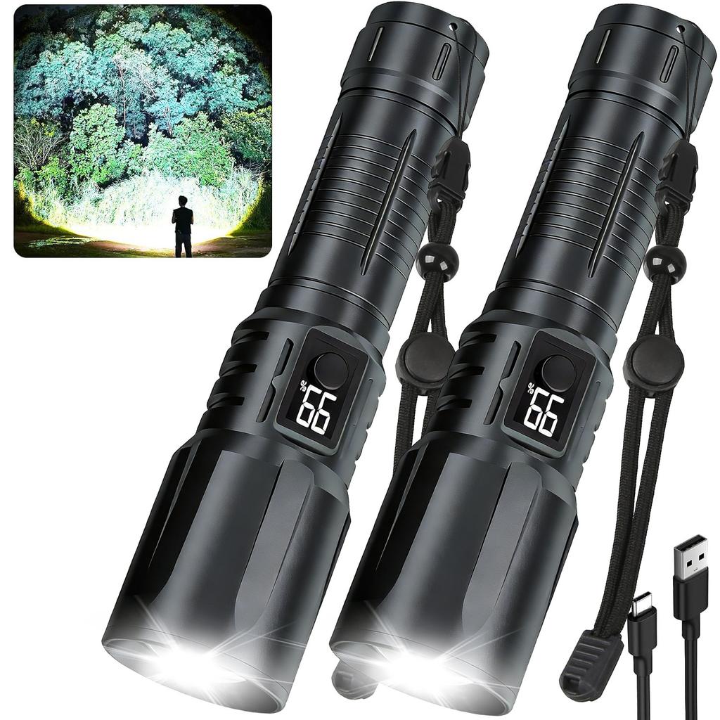 LED Flashlight,Bright Tactical Torch High Lumens with 5 Modes,Power Display,Waterproof Zoomable Flash Light,Hunting Camping