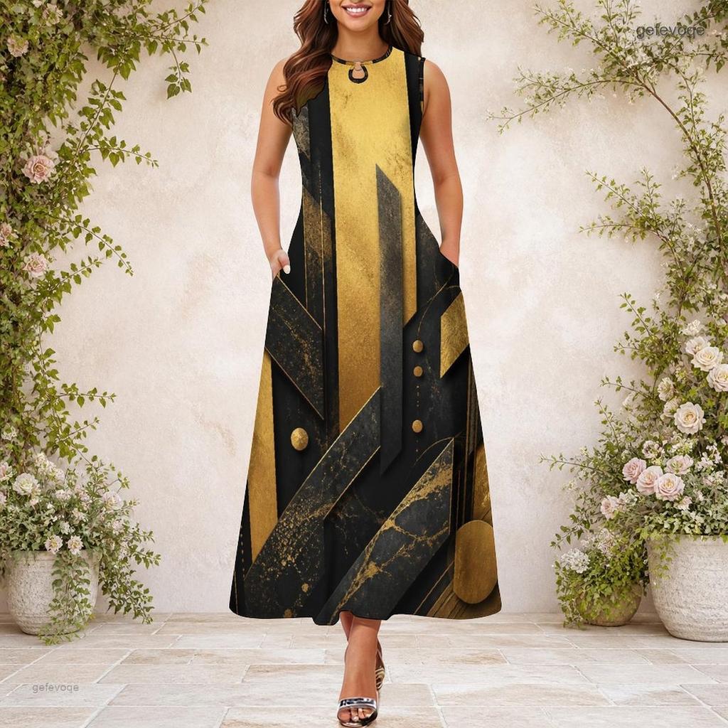 Women Plus Size Keyhole Neck Sleeveless Printed A Line Long Dress Dark Green And Gold