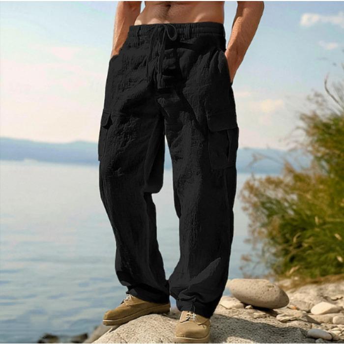 Men's Linen Four Seasons Thin Breathable Tooling Multi-Pocket Loose Casual Trend Wide Leg Pants