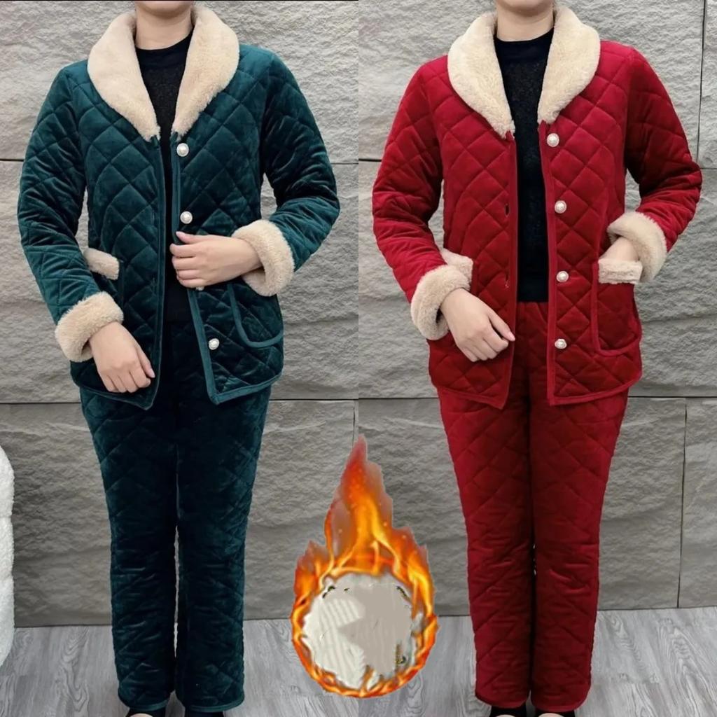 Fashion Mother Winter Clothes Plus Velvet Thick Padded Jacket Suit Middle-aged and Elderly Winter Warm Padded Jacket Cotton Trousers Two-piece Suit