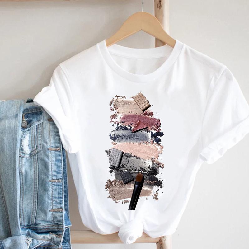 Summer Fashion Women T-shirt Short Striped Make Up Printing Spring Sleeve Lady Print Tee Top Female Clothing Casual Graphic T-shirt