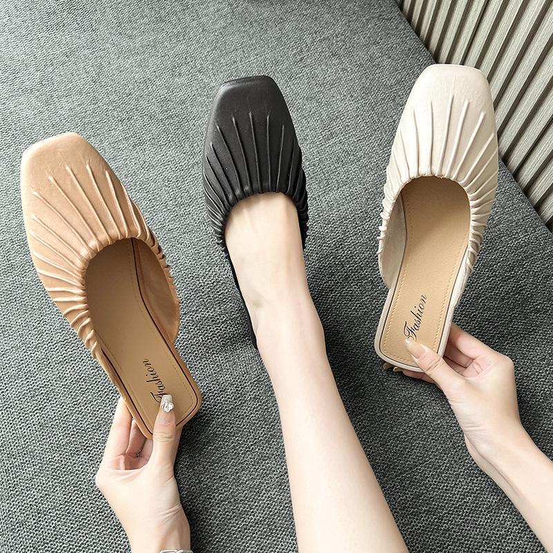 Folded Baotou Half-drag Women's Shoes Casual Versatile Low Heel - .CM Muller Shoes Square Head Four Seasons Shoes Women's Slippers