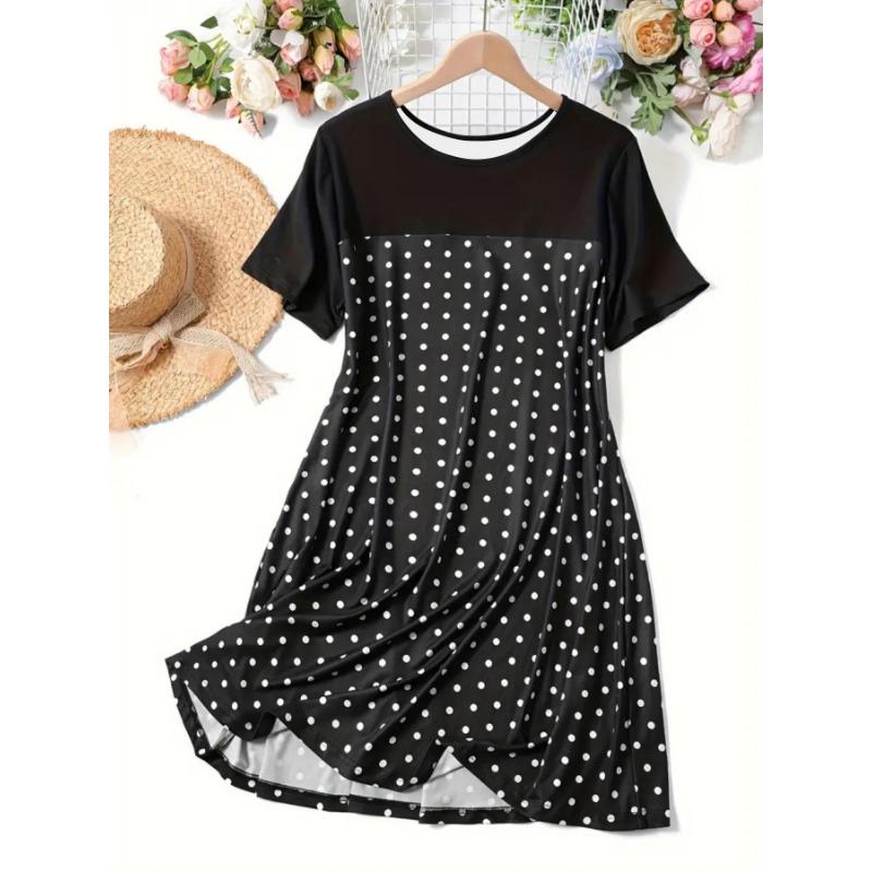 Spring Summer Polka Dot Round Neck Short Sleeved Sleeping Skirt Comfortable Dress for Women