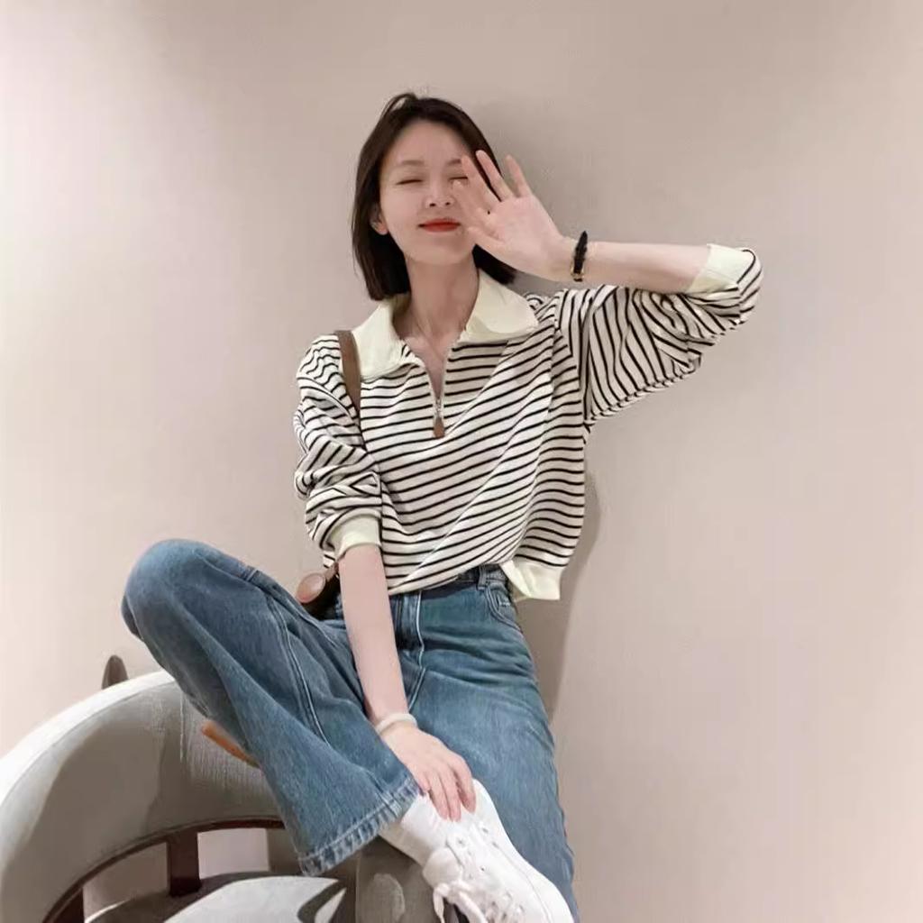 Striped sweater spring new women's sweater bottoming shirt design olo lapel loose and thin