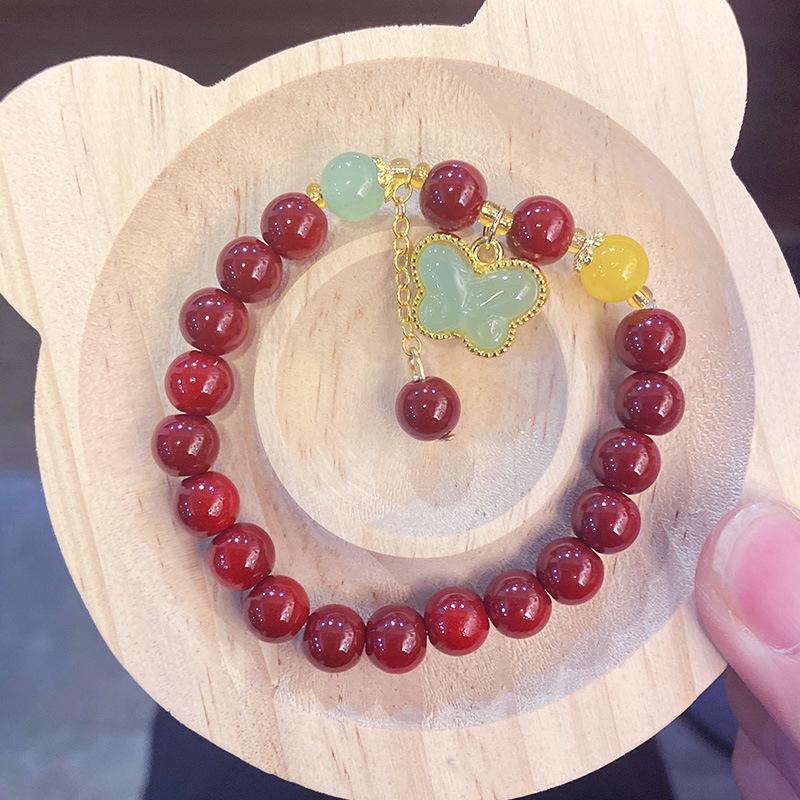 Imitation Cinnabar Beaded Bracelet with Four-Leaf Clover Charm - Ladies Night Market Jewelry