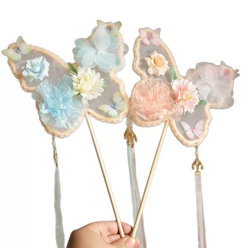 Butterfly Silk Flower Fan, Irregular-Shaped New Chinese-Style Tassel Classical Dance Fan, Ancient Style Photo Shoot Hanfu Fan, Children's Palace Fan