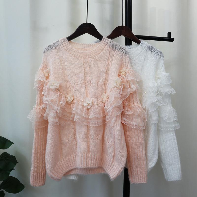 Heavy Industry Bead Splicing Mesh Flower Sweater Pullover Autumn and Winter New Sweet Loose Knitted Sweater Top Women