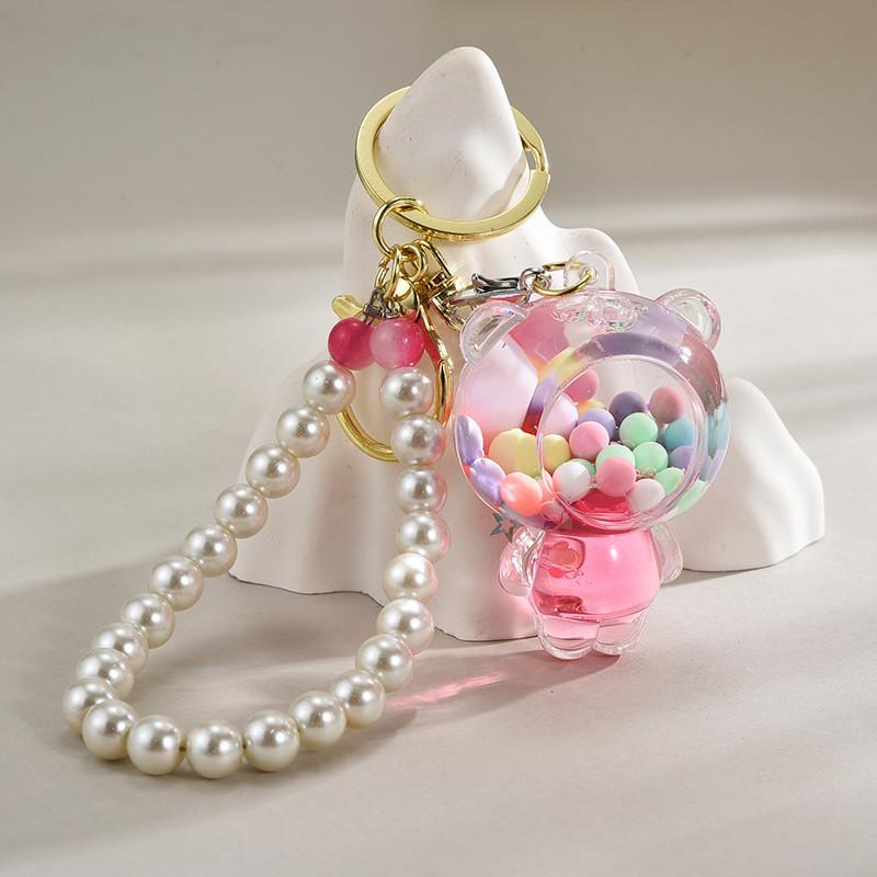 Acrylic Colorful Bead Bear Keyring With Pearl Chain For Children Gift And Celebration