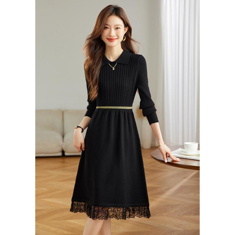 

Lapel lace temperament elegant knitted dress women s autumn and winter new with coat inside with long sweater skirt one size fits all чорний