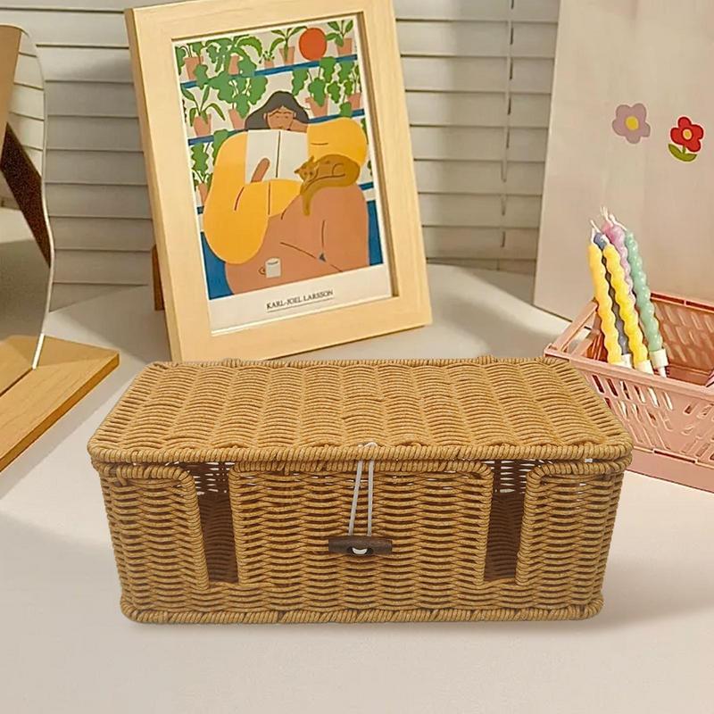 Handwoven Cable Management Box 4 Open Slots Imitation Rattan Cord Organizer For TV Wires, Computer, Router, USB Hub