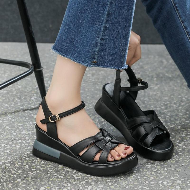 Fashion Minimalist Cross Sandals 2024 Summer New Breathable Casual Thick Sole Slope Heel Women's Fish Mouth Sandals Zapatos De Mujer