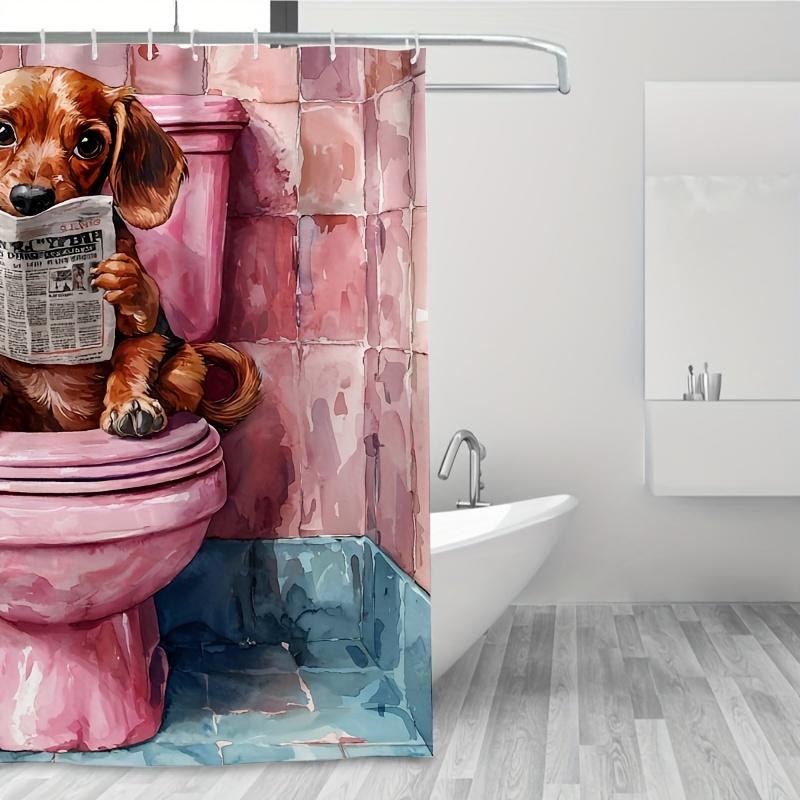 Funny Dachshund Pink Toilet Shower Curtain - Cartoon Design, 71X71 Inch Polyester, Ideal For Dog Lovers, Summer Bathroom Decor