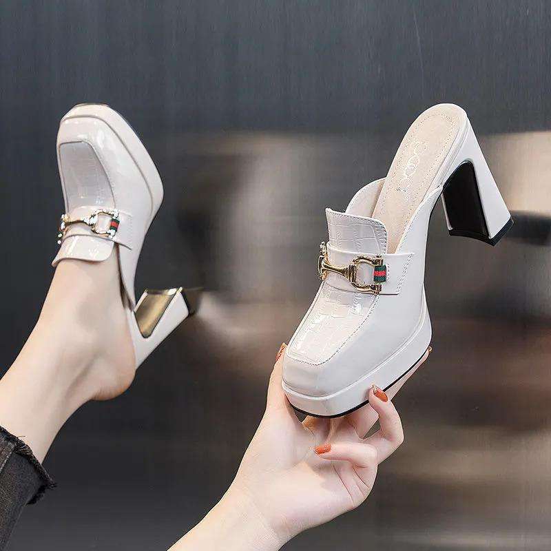 Designer~ 9cm bag head slippers women's outer wear single shoes spring fashion high heels versatile small leather shoes women