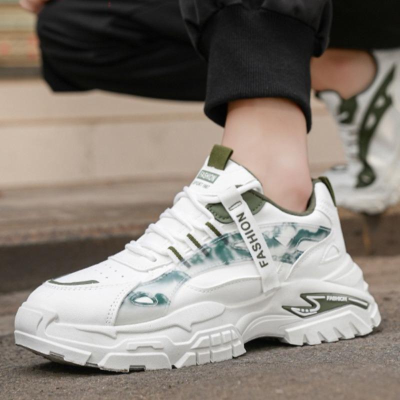 Men Leather Chunky Dad Sneakers, Breathable Fashion Student Work Casual Athletic Shoes