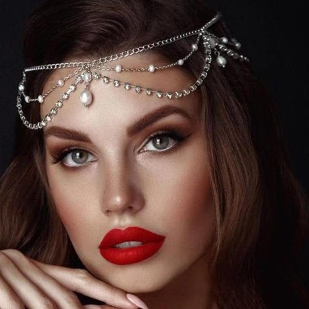 

Silver Color Wedding Hair Chains Pearls Tassel Bridal Head Chain Crystal Meshes Headbands Women срібний