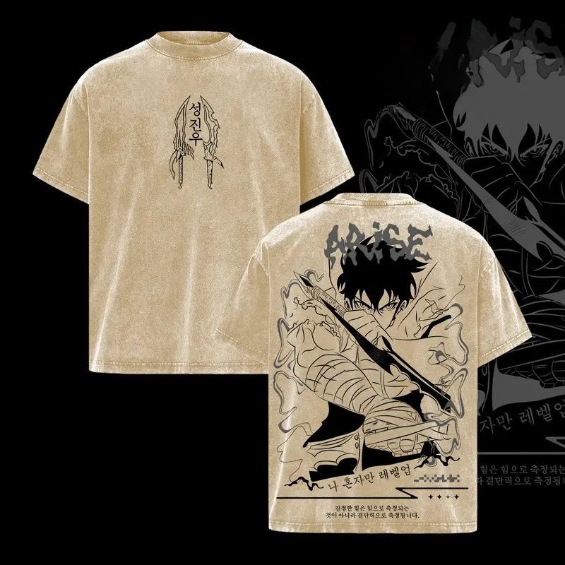 Sung JinWoo Printed Tee Anime Solo Leveling Clothing Men Women Retro Washed T-shirts Short Sleeve Tshirt Harajuku Cotton T Shirt