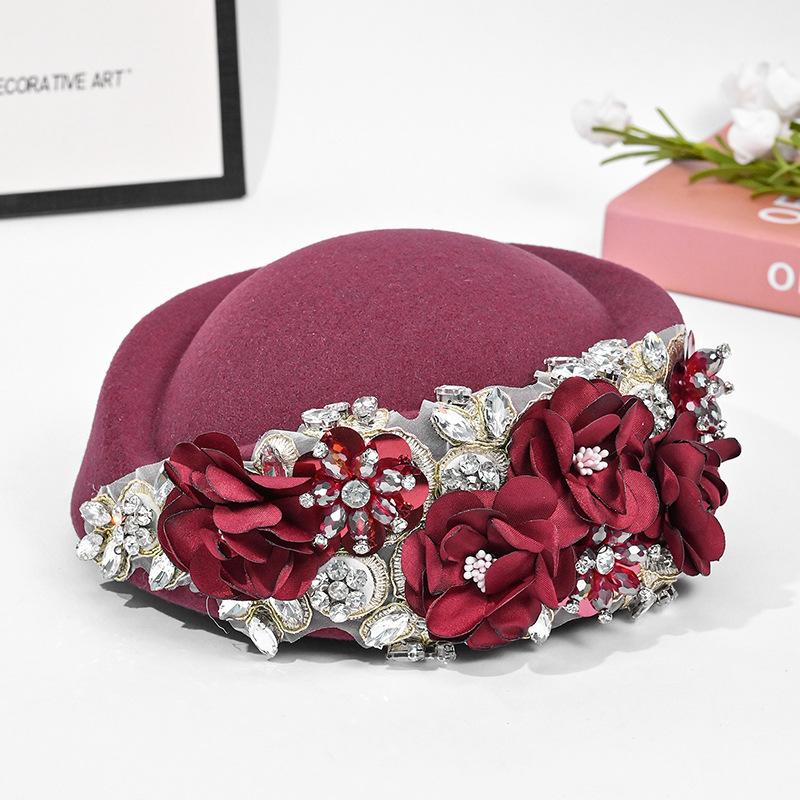 Women's Hat Retro British Style Handmade Flowers Diamond Wool Beret Autumn and Winter Style Flight Attendant Hat