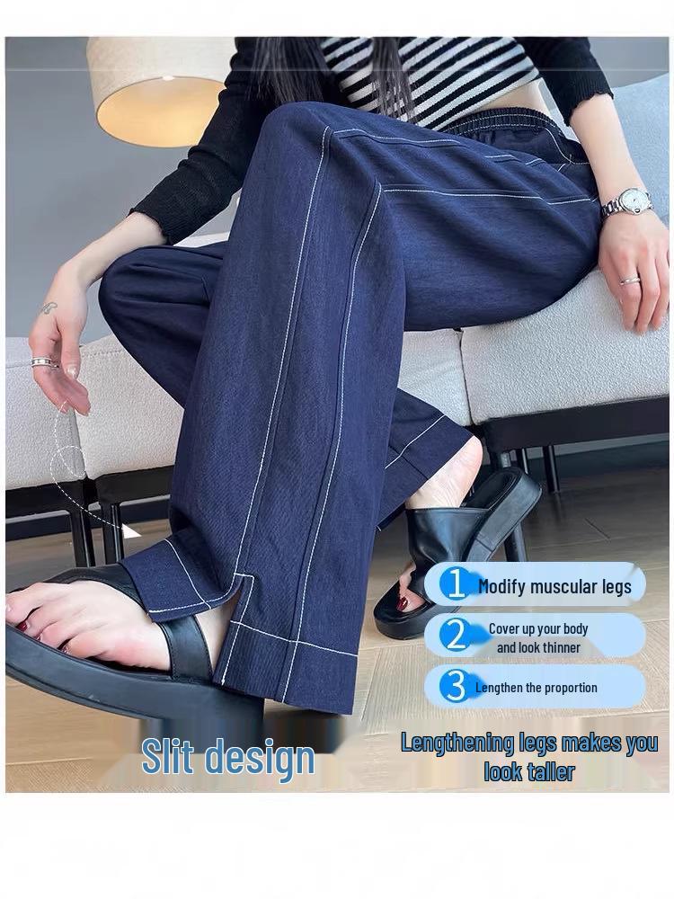 Women's Summer High Waist Wide-Leg Denim Pants with Slit - American Style, Thin Fabric, Fashionable Casual Blue.