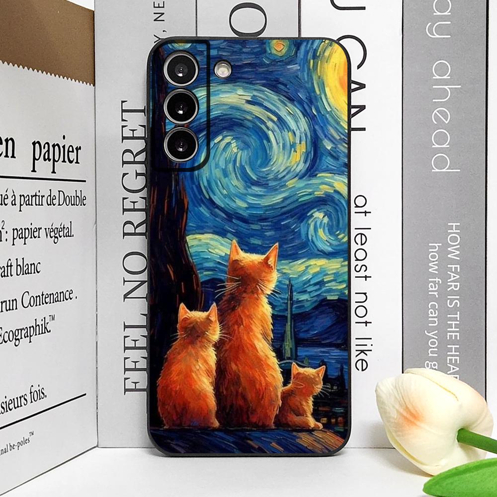 Cute Van-Gogh Starry Night Cat Phone Case for Samsung Galaxy S22 S23 S24 Ultra S25 Plus S21 FE 5G Soft Silicon Cover Fundas Capa