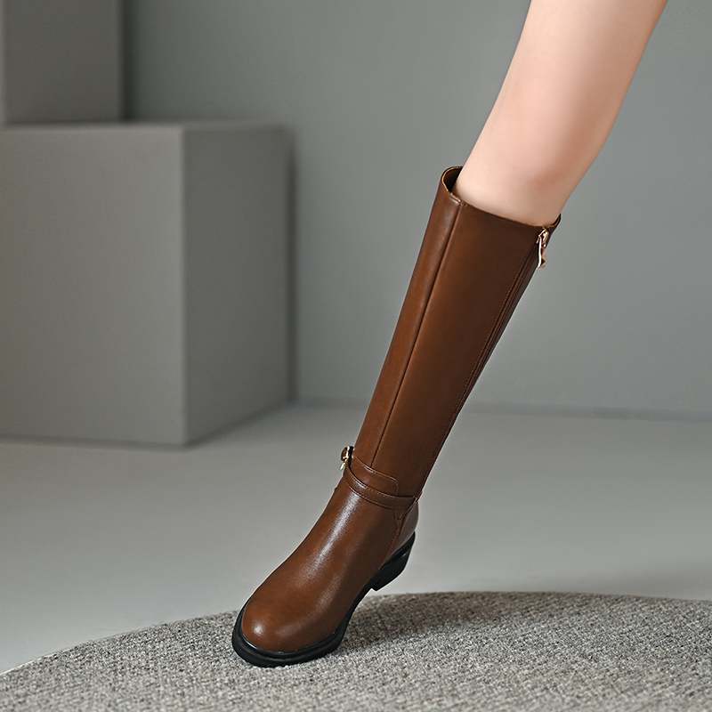 Krazing Pot Piele de vaca Pantofi Toamna Iarna Toc Mediu Gros Marime 45 Marime 44 Piele Incrucisata Femei Mentine Caldura Cizme inalte pe coapsa