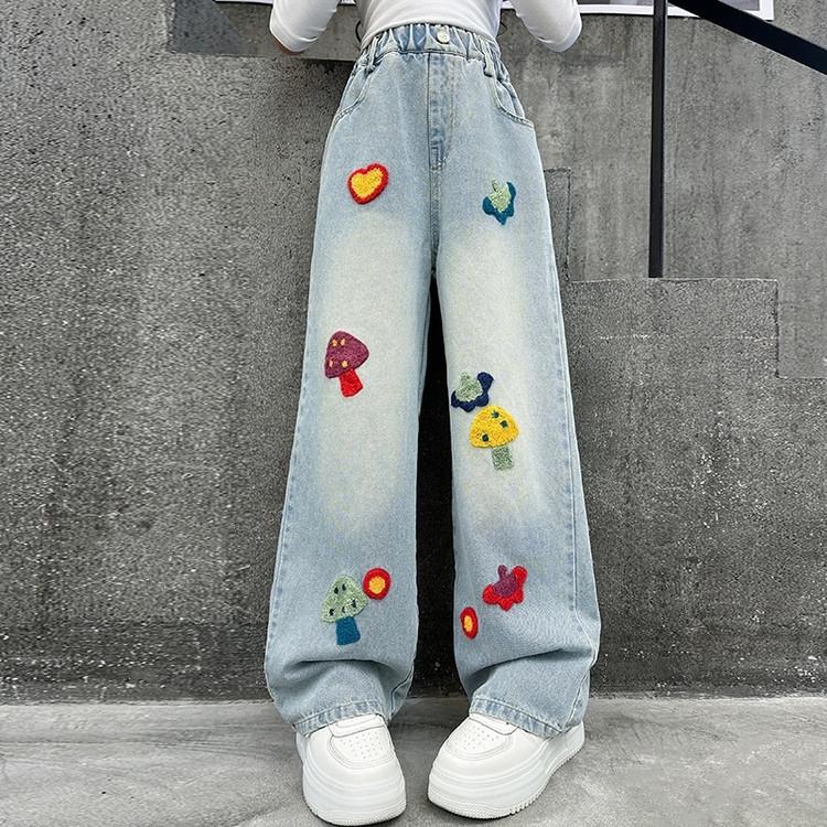 Girls Pants Children Casual Loose Jeans Love Mushroom Embroidery Little Girls Denim Wide-leg Pants Spring Autumn