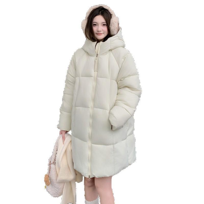 2025 New Down Cotton Jacket Women's Medium and Long Versatile Puff Solid Color Hooded Fresh Winter Thickened Jacket