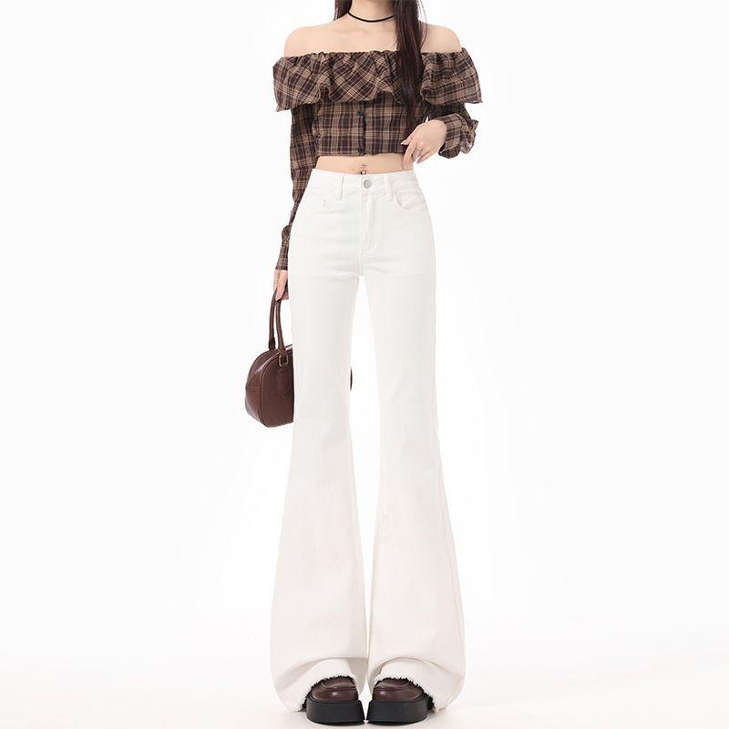 Women s American Style White Low-Rise Micro-Flare Wide-Leg Bell Bottom Jeans for Summer L