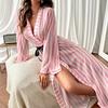 1011 New European and American Large Size Pink Striped Long-sleeved Sexy Nightdress Can Be Worn Outside Women's High-end Sense