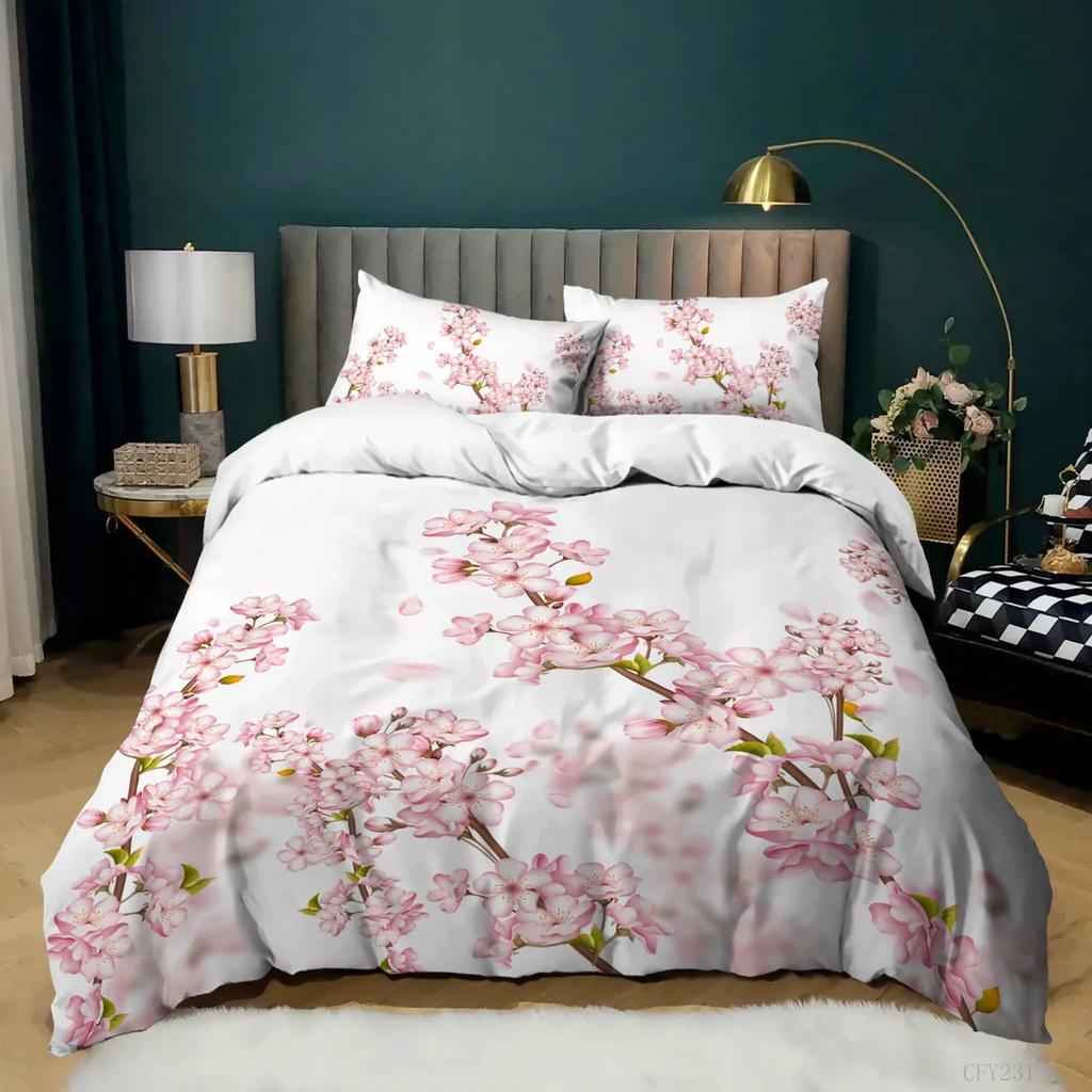 Plum Blossom Red Flower Floral Comfortable Duvet Quilt Cover Pillowcase Bedding Set Children Bedroom Decoration Home Textile