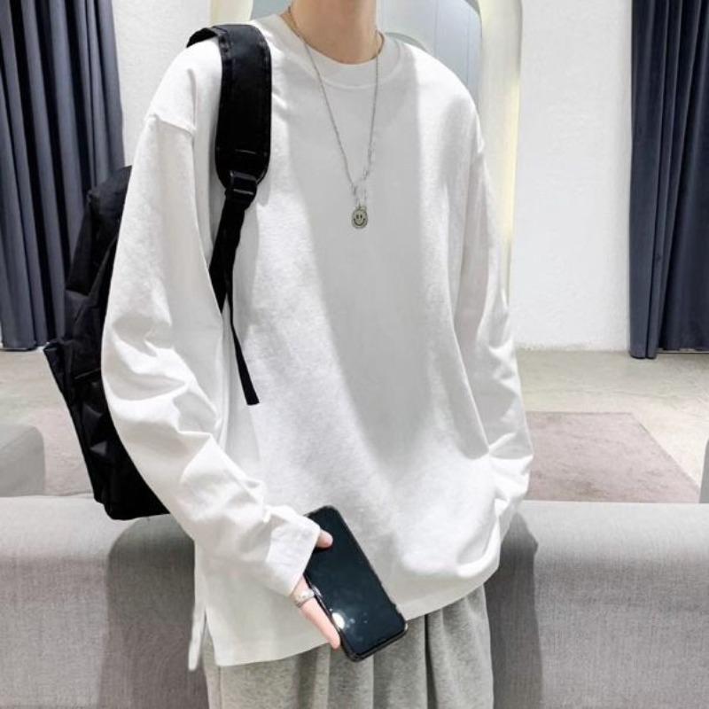 Spring and Summer New Pure Cotton Long-sleeved T-shirt Men's Design Loose Hem Slit Top