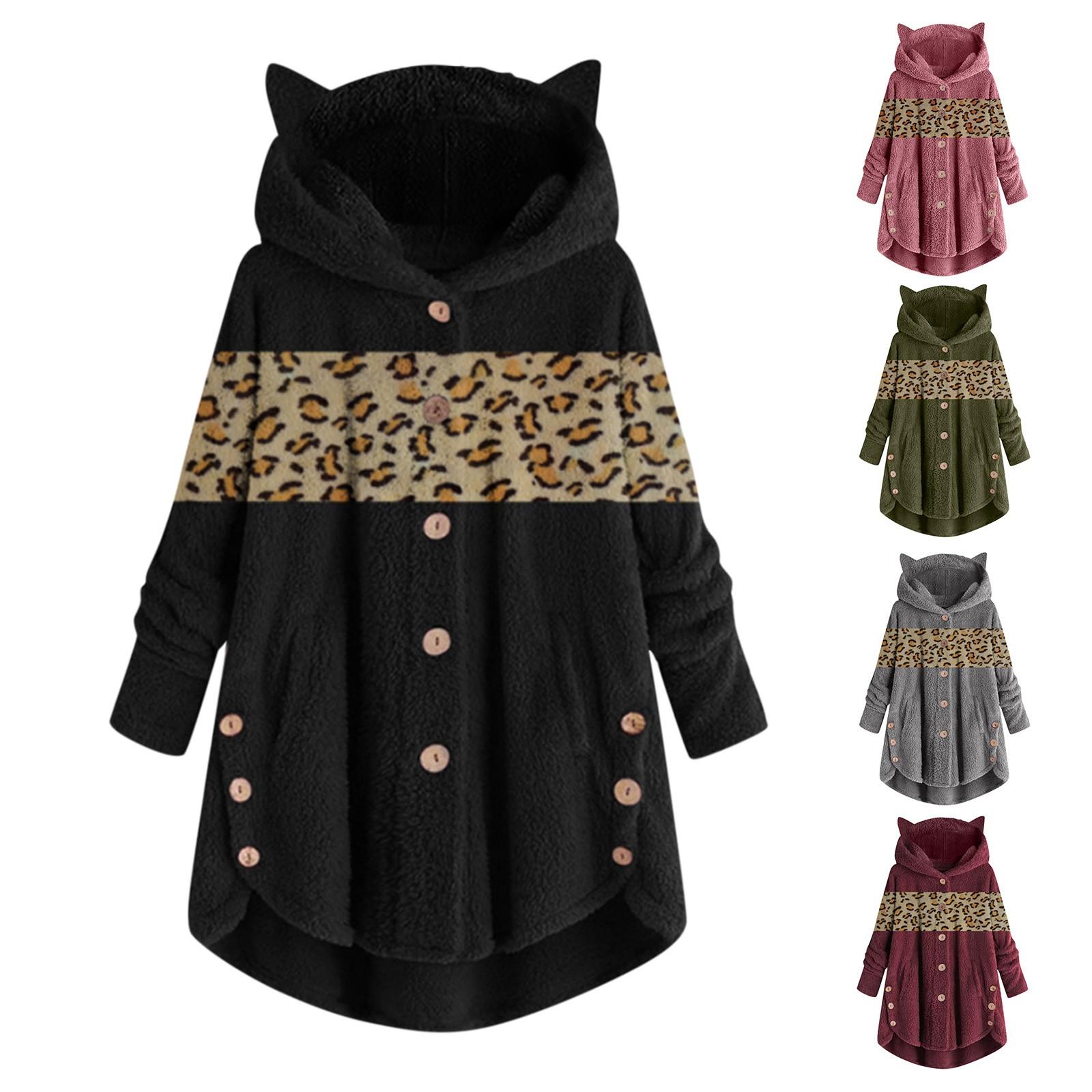 

Женская куртка на пуговицах с капюшоном и карманами с кошачьими ушками, плюшевый топ, нерегулярная куртка с леопардовым принтом