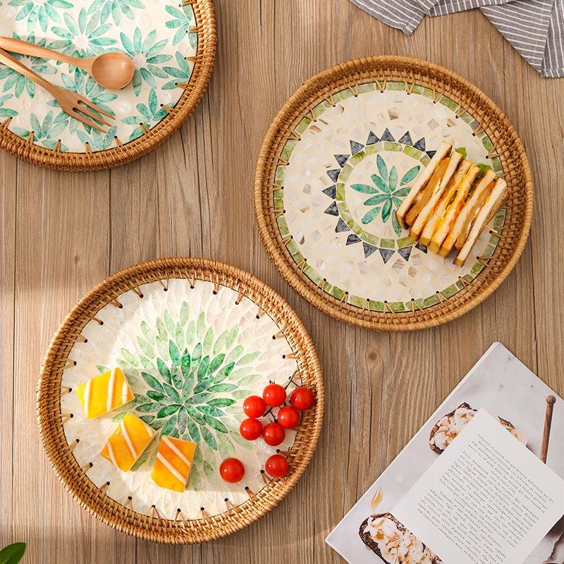 Color Shell Jewelry Cosmetics Food Teacup Storage Trays Handmade Rattan Fruit Dessert Bread Pans Round Rattan Decoration Trays