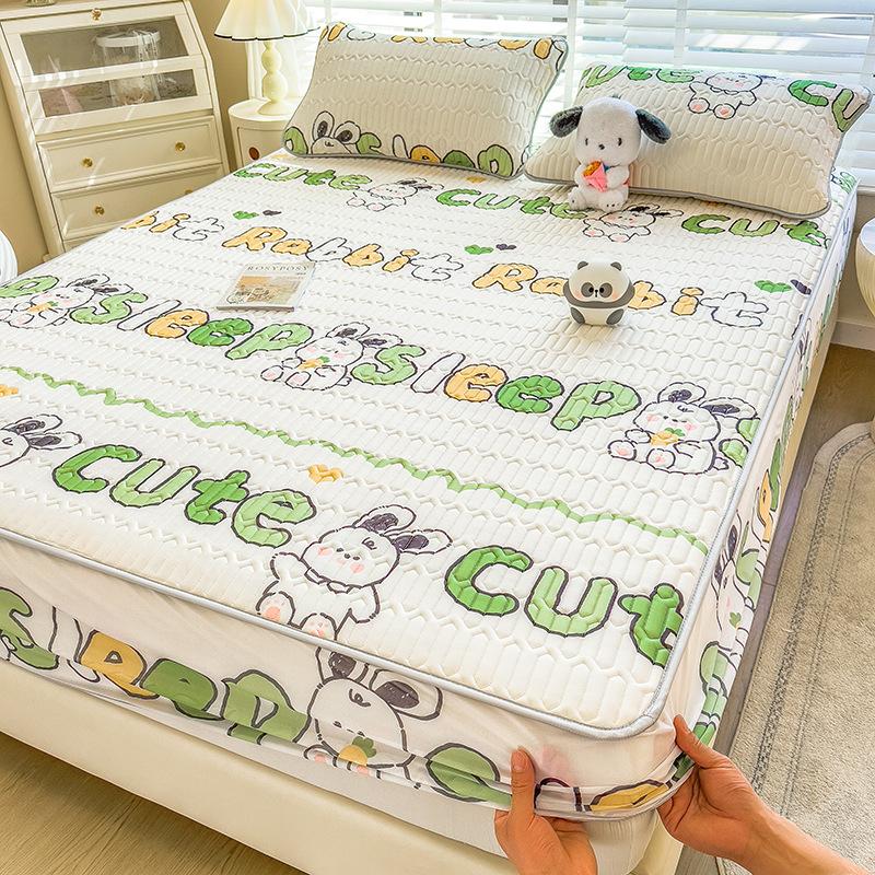 3Pcs Summer Natural Latex Cooling Mat Set Cartoon Printed Fitted Sheet with Pillowcase Soft Non-Slip Bedding with Elastic Band