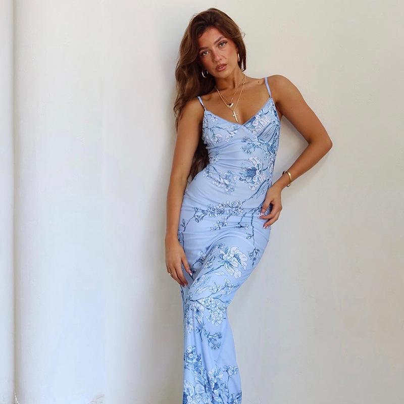 Damen Sexy Geblümtes Maxikleid V-Ausschnitt Spaghettiträger mit Offenem Rücken Figurbetontes Geblümtes Rückenfreies Kleid für Sommerurlaub Strand Romantische Anlässe