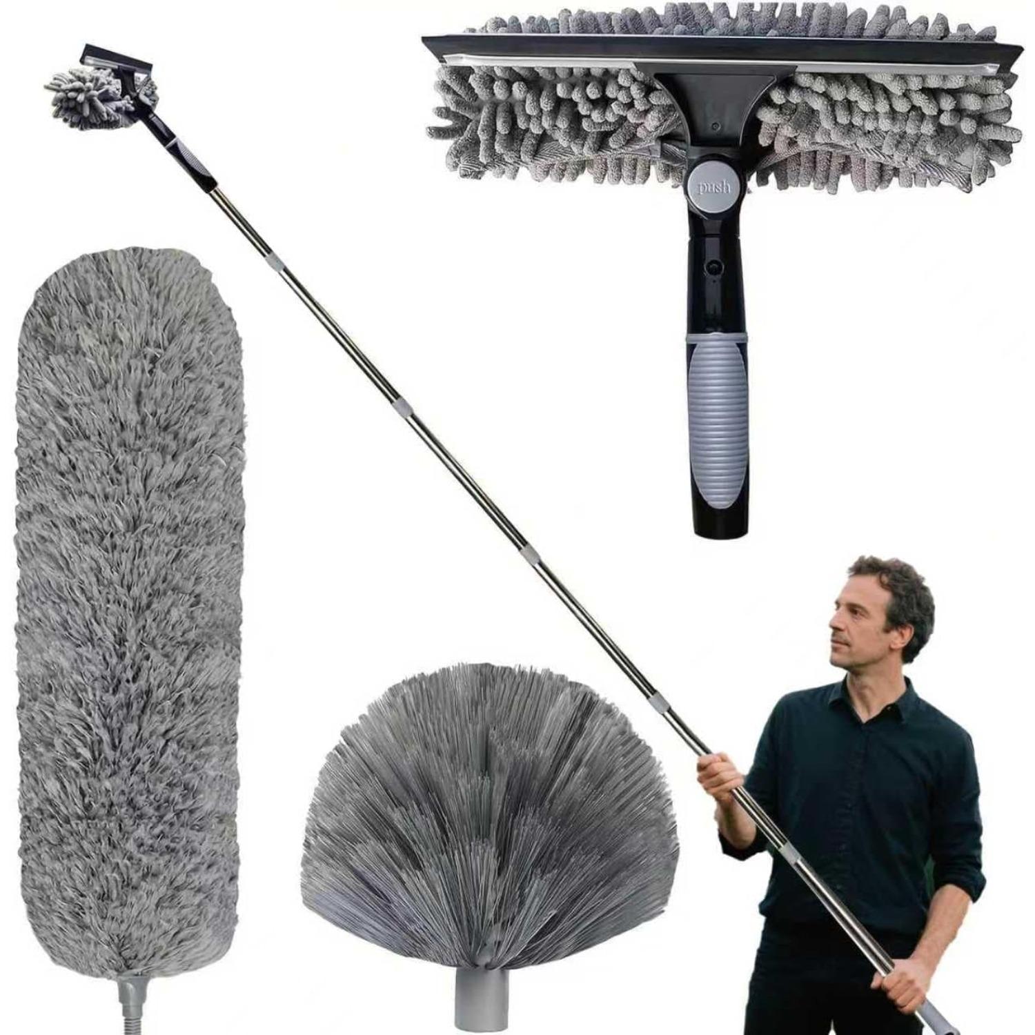 Plumeau Telescopique 6m, Tete De Loup Telescopique avec Extension RéGlable 1.5-6m, Balai AraignéE Tete De Loup Telescopique, Raclette De FenêTre A серый
