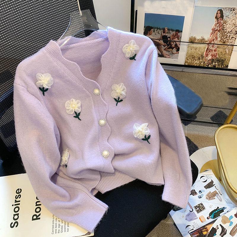 Ležérne pletené svetre s dlhým rukávom a výstrihom do V Dámske Jarné a jesenné korálky na nechty Lazy Style 3D kvet Cardigan kabát Top